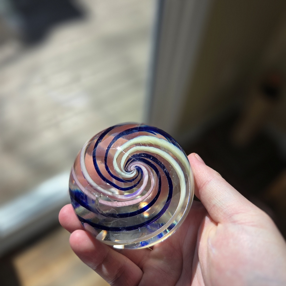 Vintage Blue and Pink Swirl Glass Art Piece Paper Weight With Internal Cracks